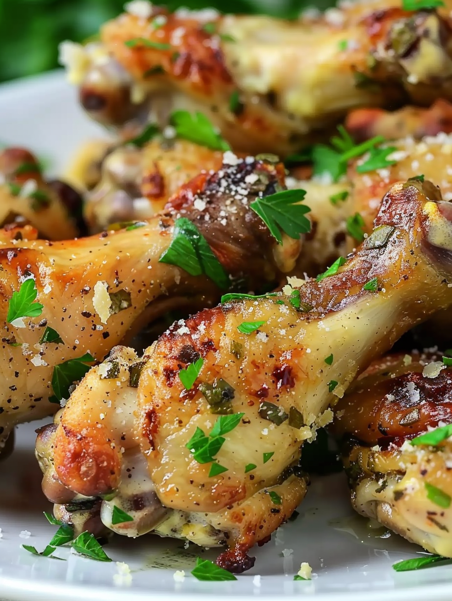 Instant Pot Garlic Parmesan Chicken Wings on a plate sprinkled with parsley