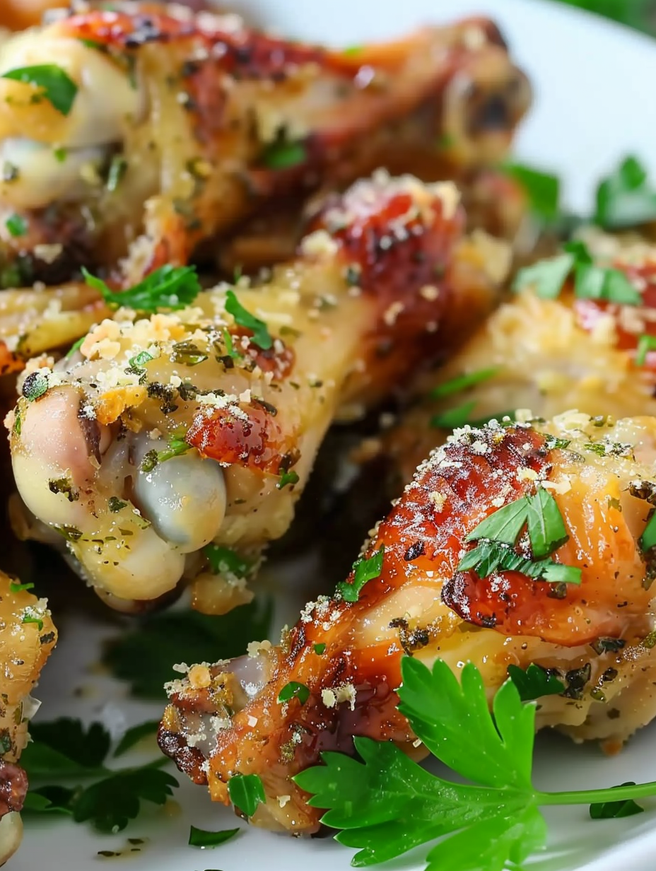 Close up of garlic Parmesan wings with parsley