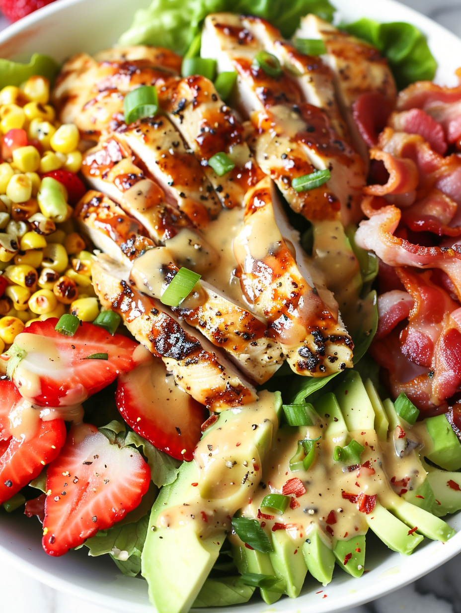 Plated Honey Mustard Chicken Salad with strawberries