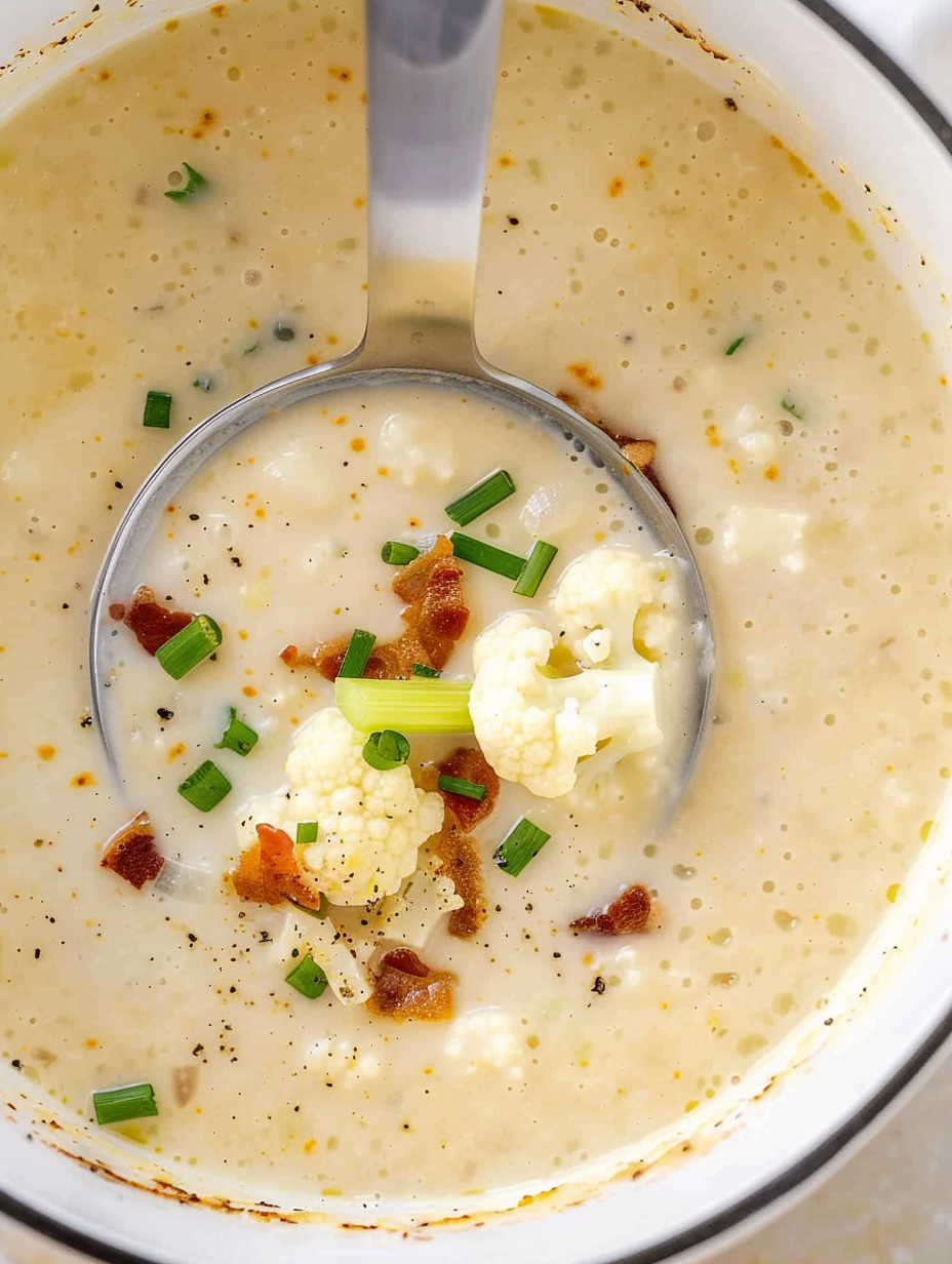 Creamy loaded cauliflower soup in a bowl topped with bacon and chives