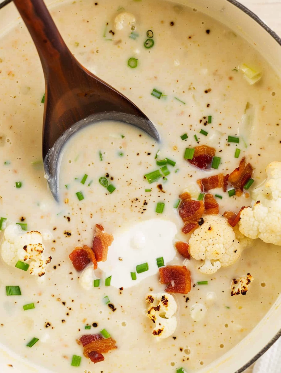 Top view of loaded cauliflower soup with shredded cheese and chives