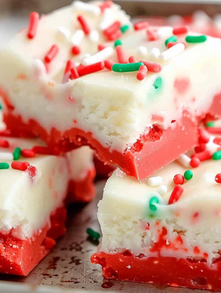 Christmas Cake Batter Fudge layered in pan