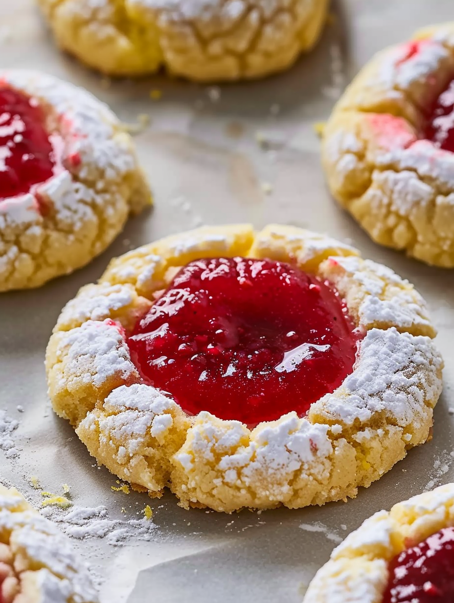 Raspberry curd lemon cookies on a tray