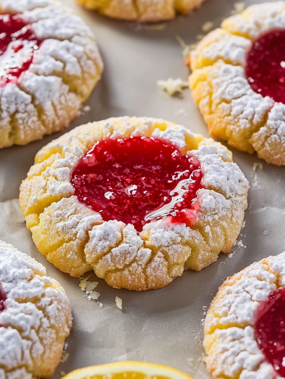 Close-up of a lemon cookie with raspberry curd center