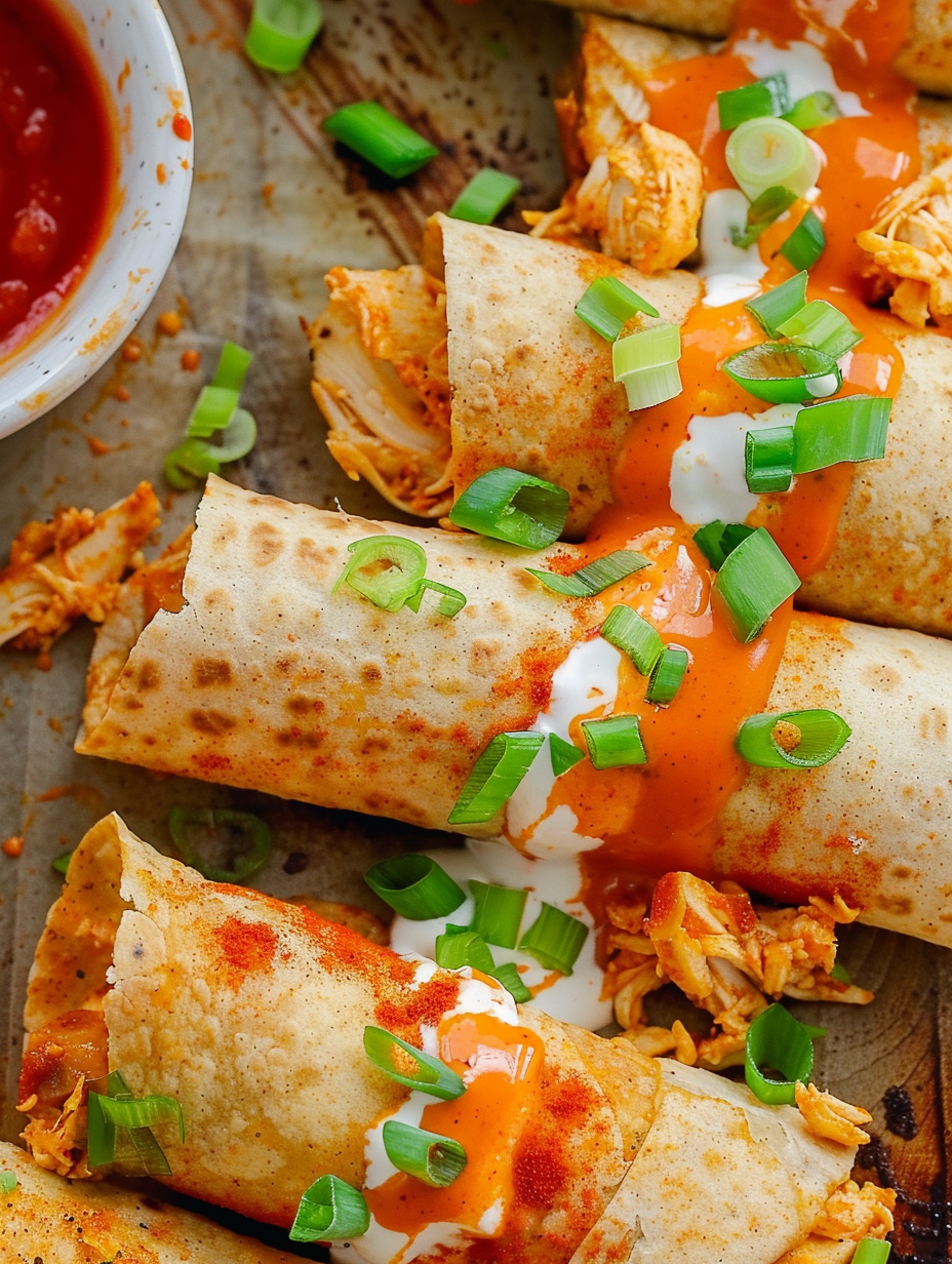 Buffalo chicken taquitos on a serving platter