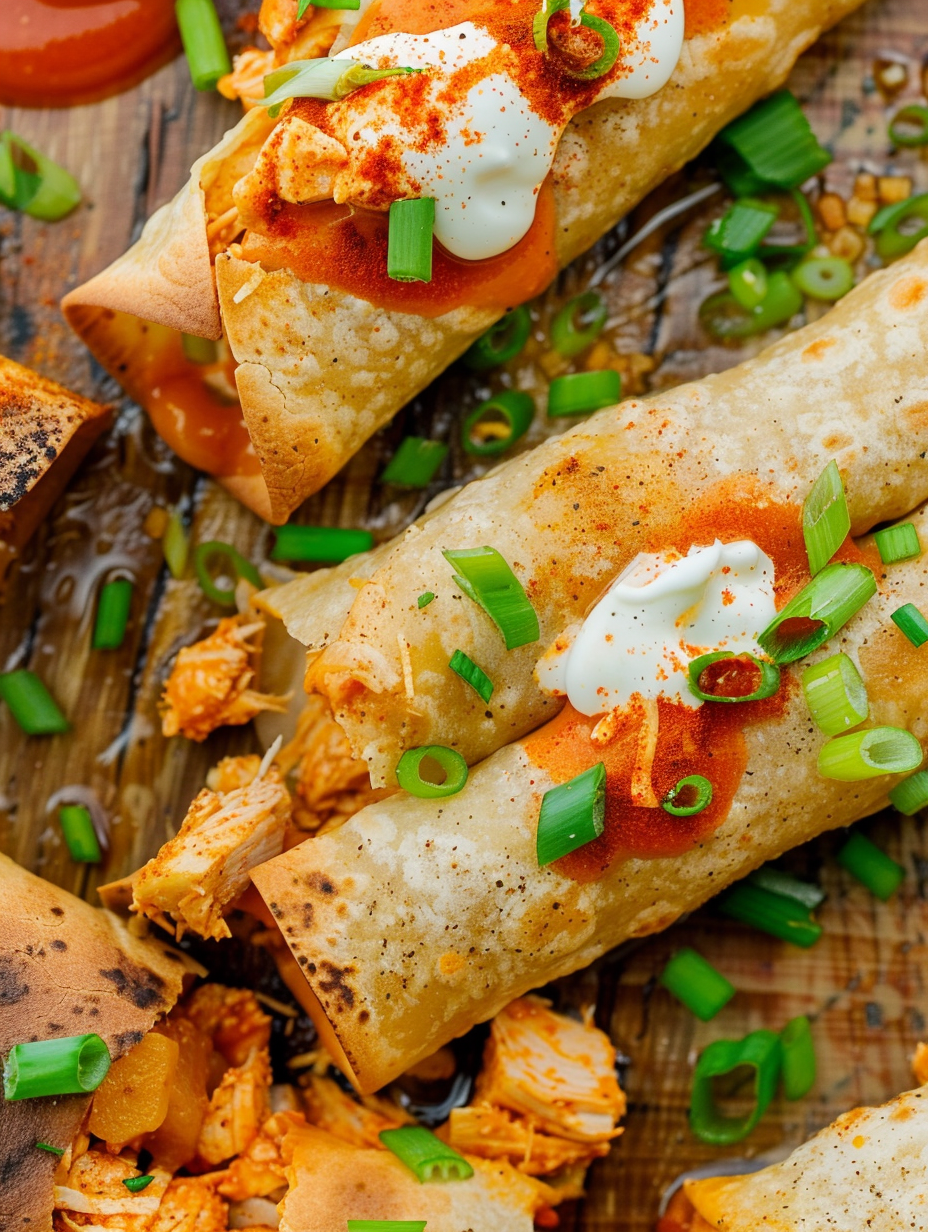 Close up showing the creamy filling of a buffalo chicken taquito