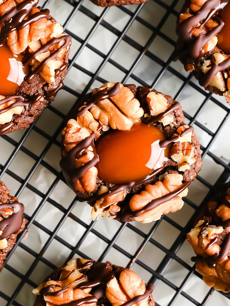 Turtle thumbprint cookies on a baking sheet