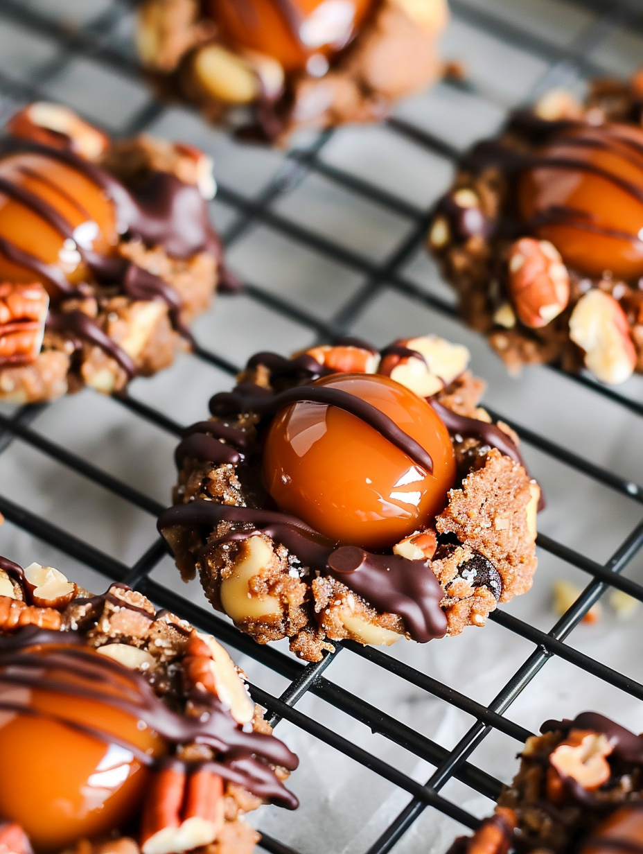 Close-up of a thumbprint cookie with caramel center and chocolate drizzle