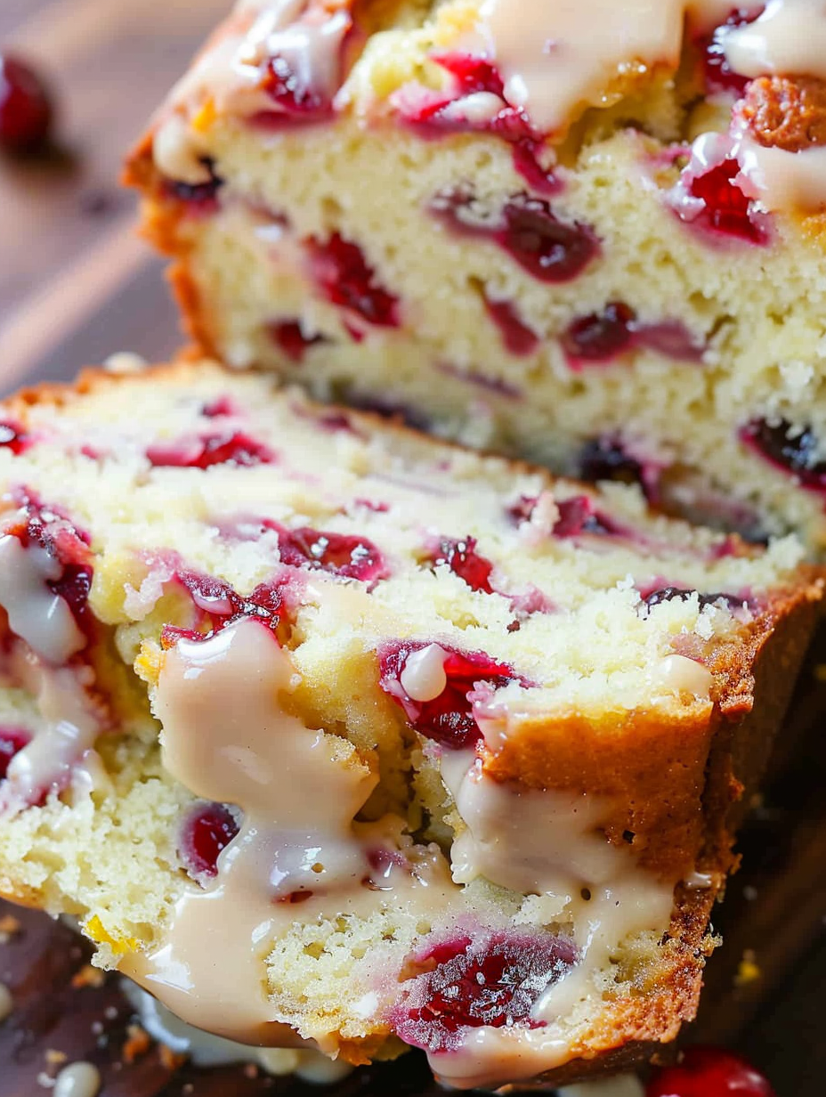 Close-up of sliced cranberry orange loaf with glaze