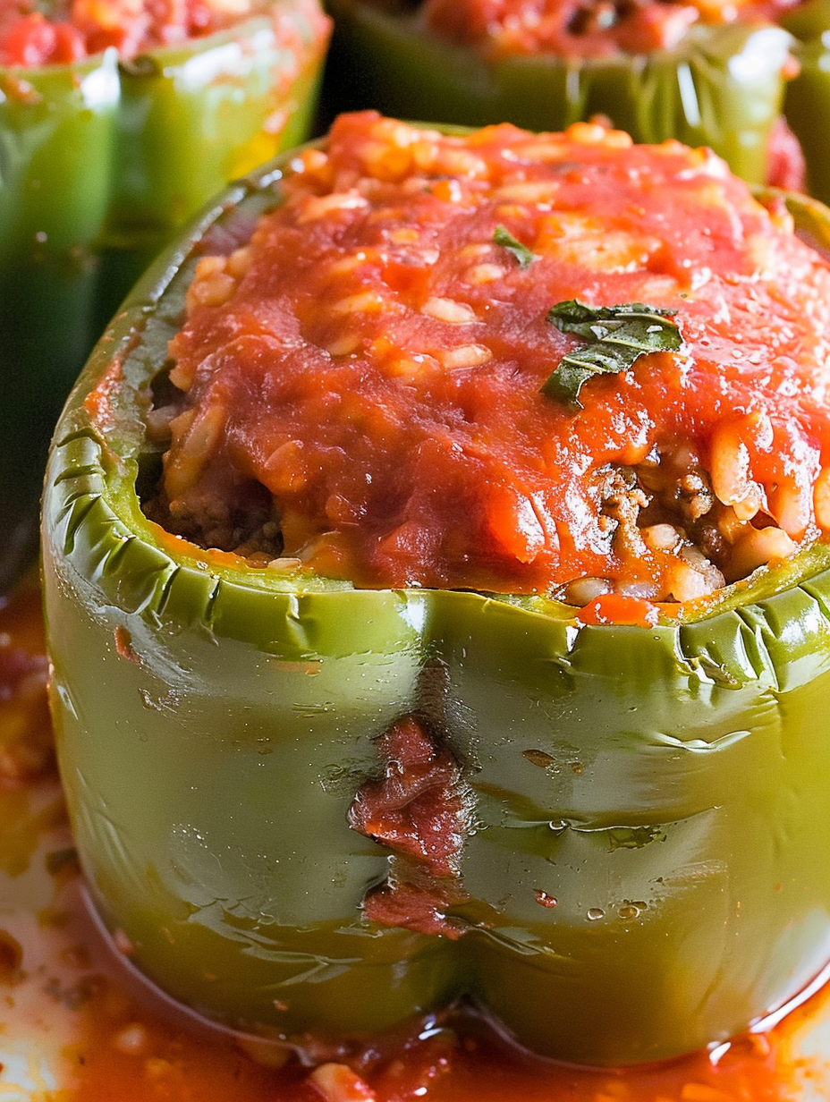 Stuffed green bell peppers in a casserole dish