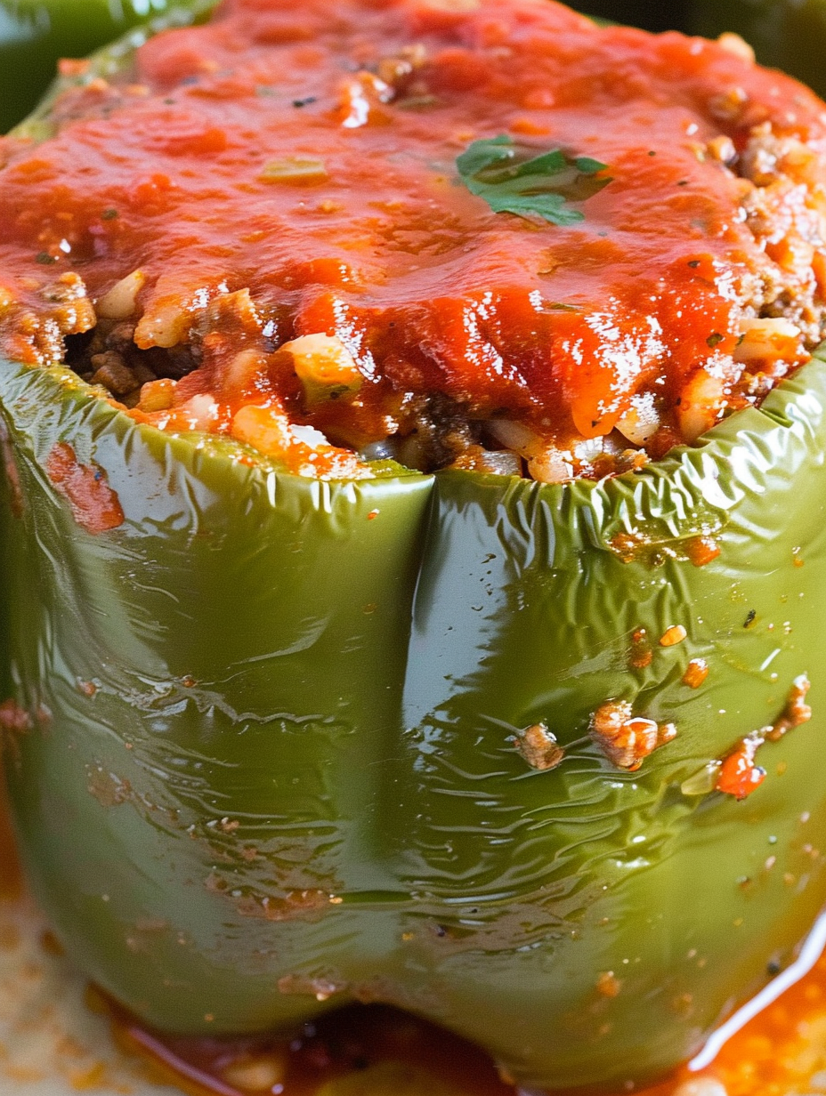 Close up of a stuffed pepper topped with tomato sauce