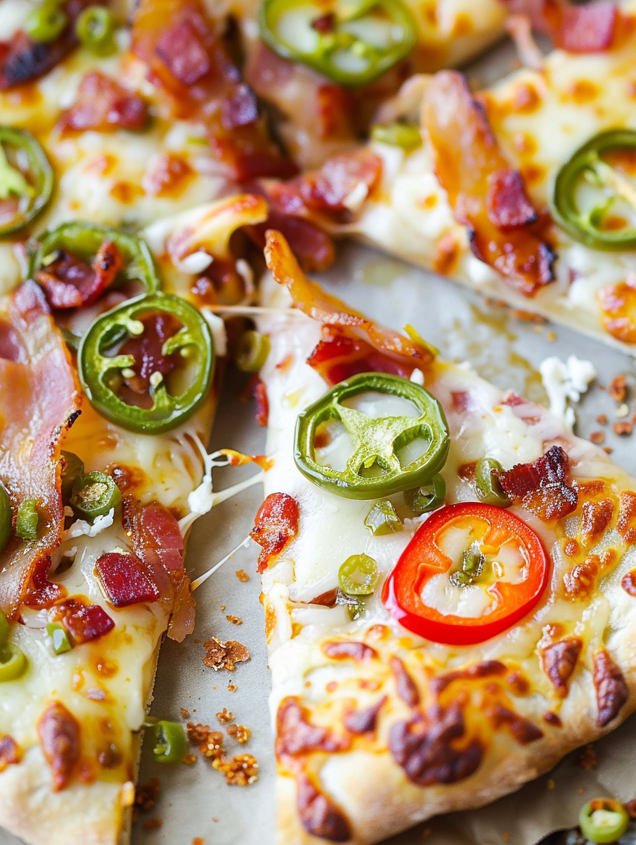 Jalapeño popper pizza fresh from the oven with bubbling cheese and sliced chiles