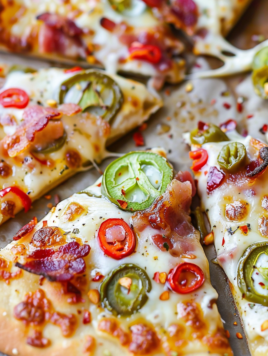 Closeup of melted Monterey Jack on jalapeño popper pizza