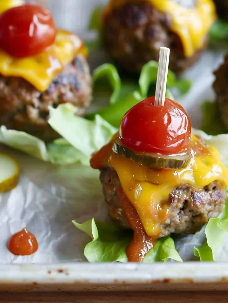 Cheeseburger meatballs baking on a sheet