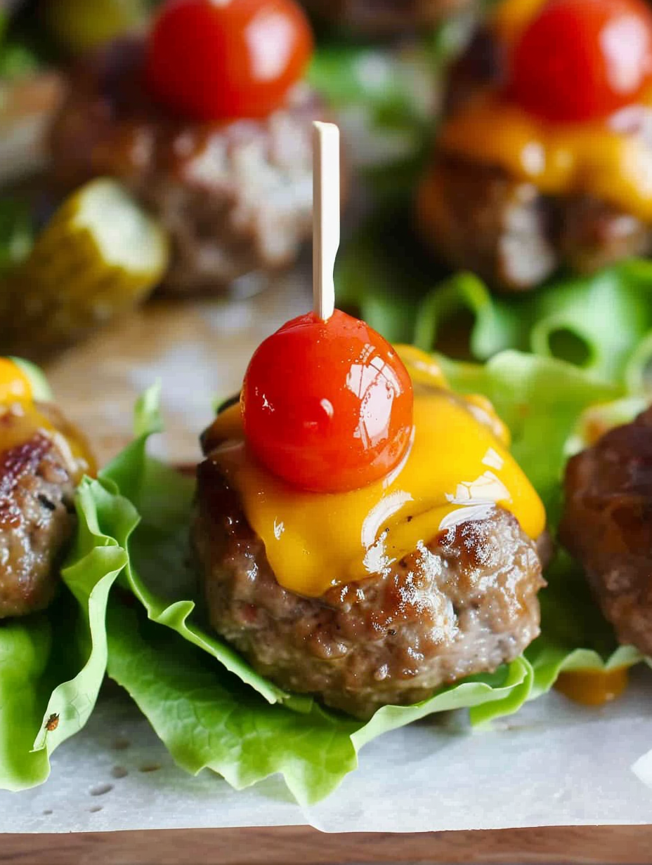 Plated cheeseburger meatballs with pickles and tomatoes
