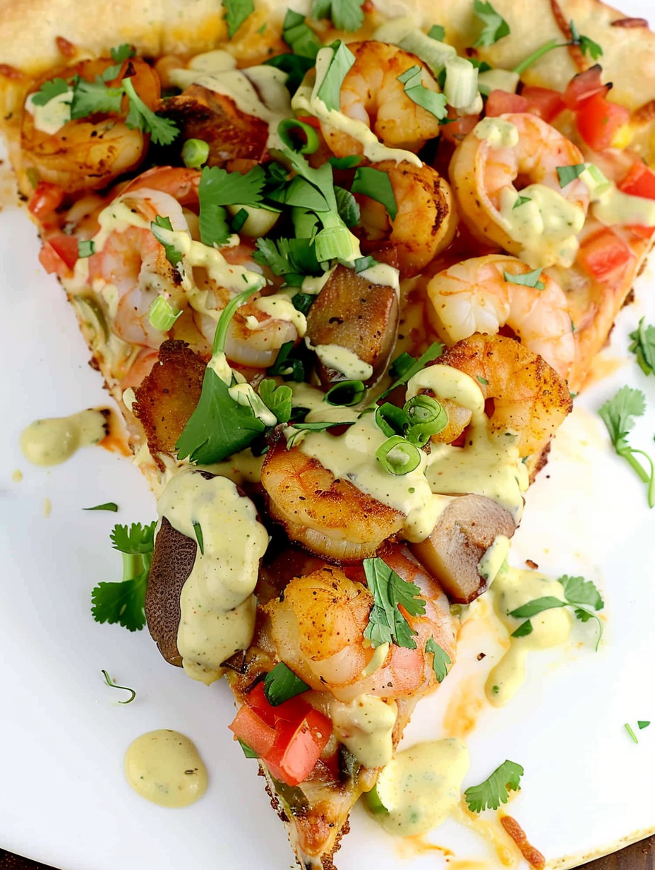 Sliced Shrimp Po' Boy Pizza topped with remoulade and cilantro
