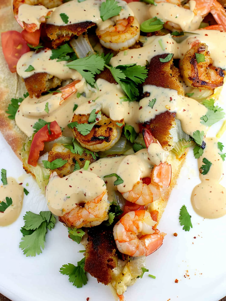 Assembled Shrimp Po' Boy Pizza before baking