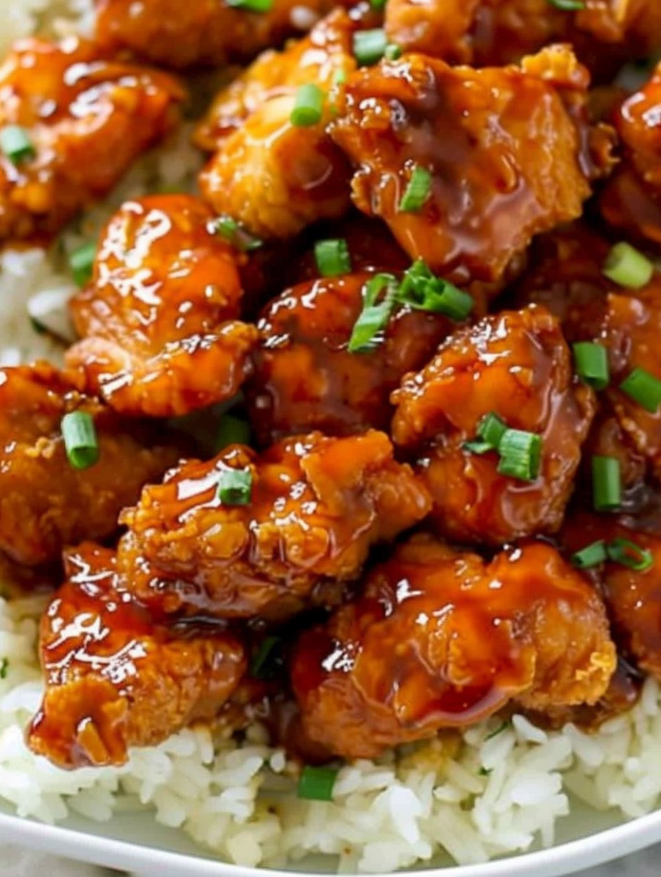 Serving suggestion of firecracker chicken over rice garnished with green onions