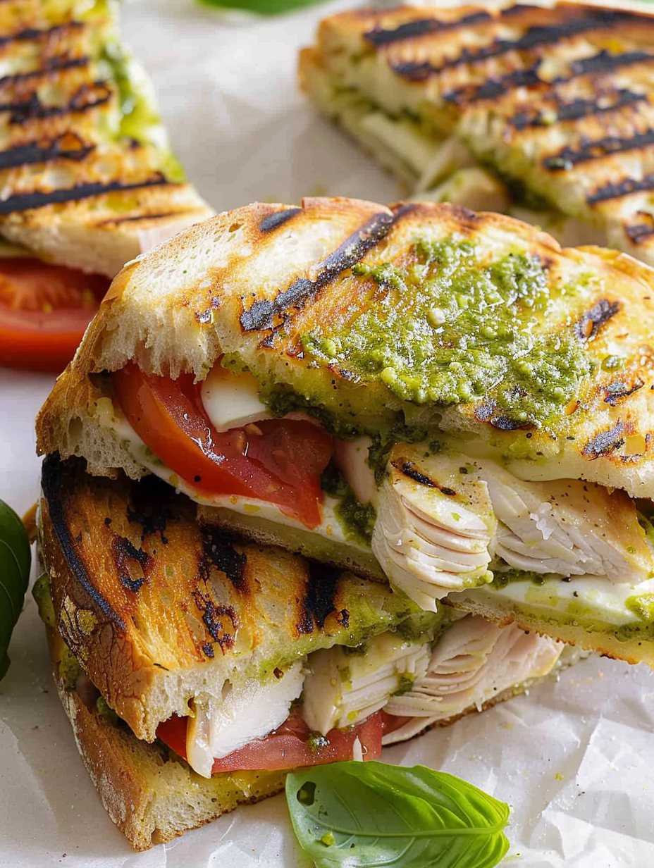 Chicken pesto panini on sourdough with tomato and basil