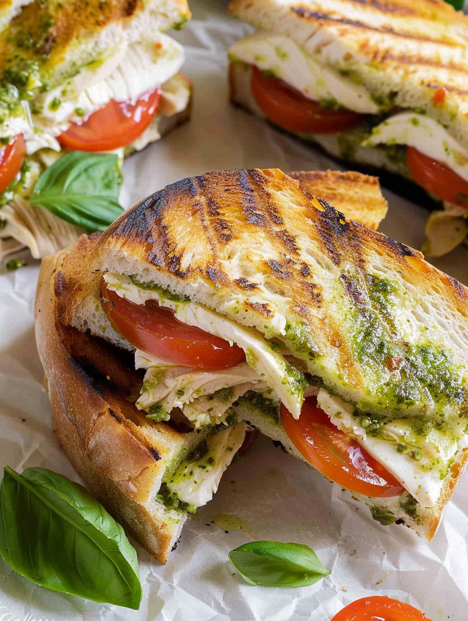 Close up of melted mozzarella and basil inside a pressed panini