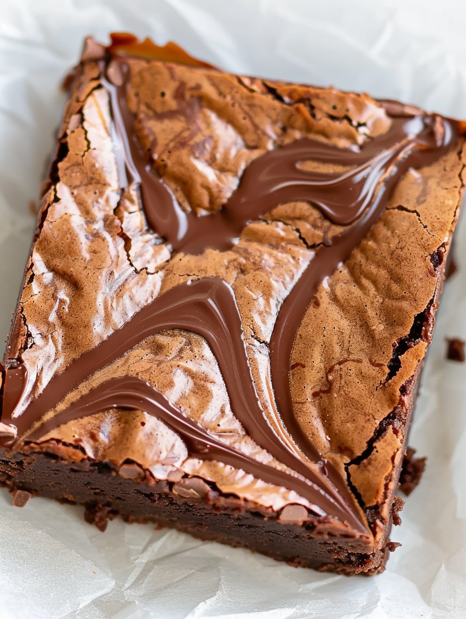 Nutella brownies in pan showing nutella swirls
