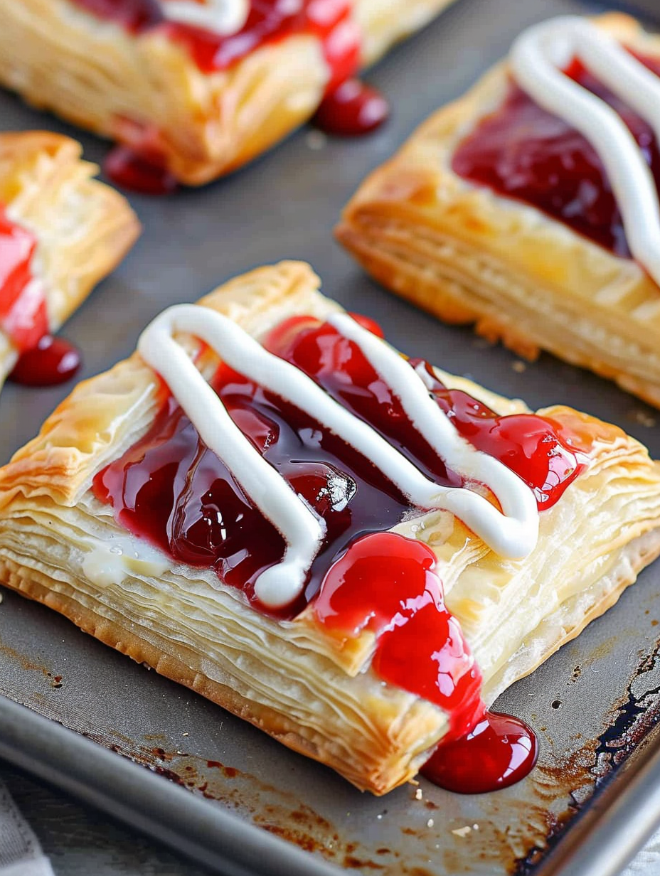Freshly baked cherry danish cooling on wire rack