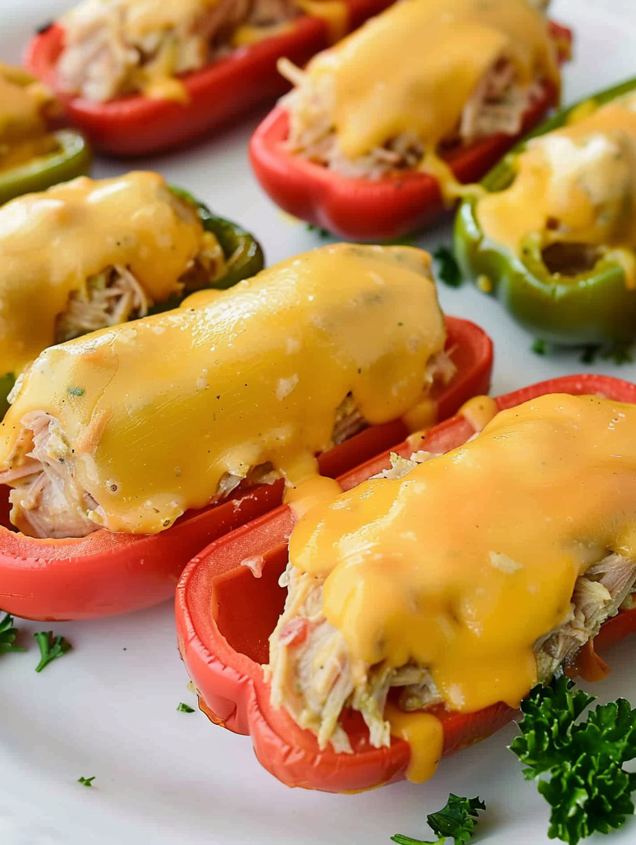 Close up of a stuffed mini pepper with melted cheddar
