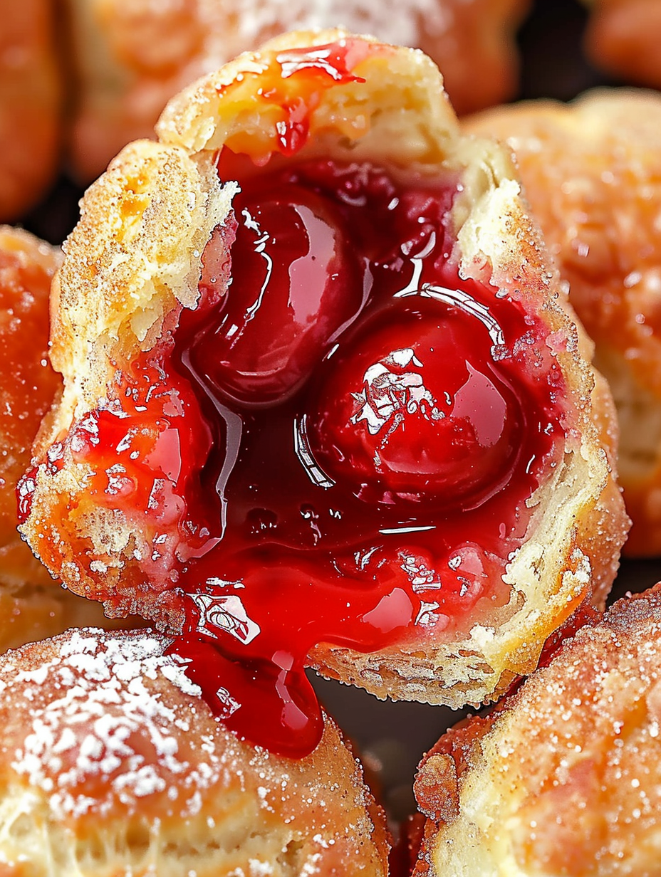 Close-up of a cherry pie bomb dusted with cinnamon sugar