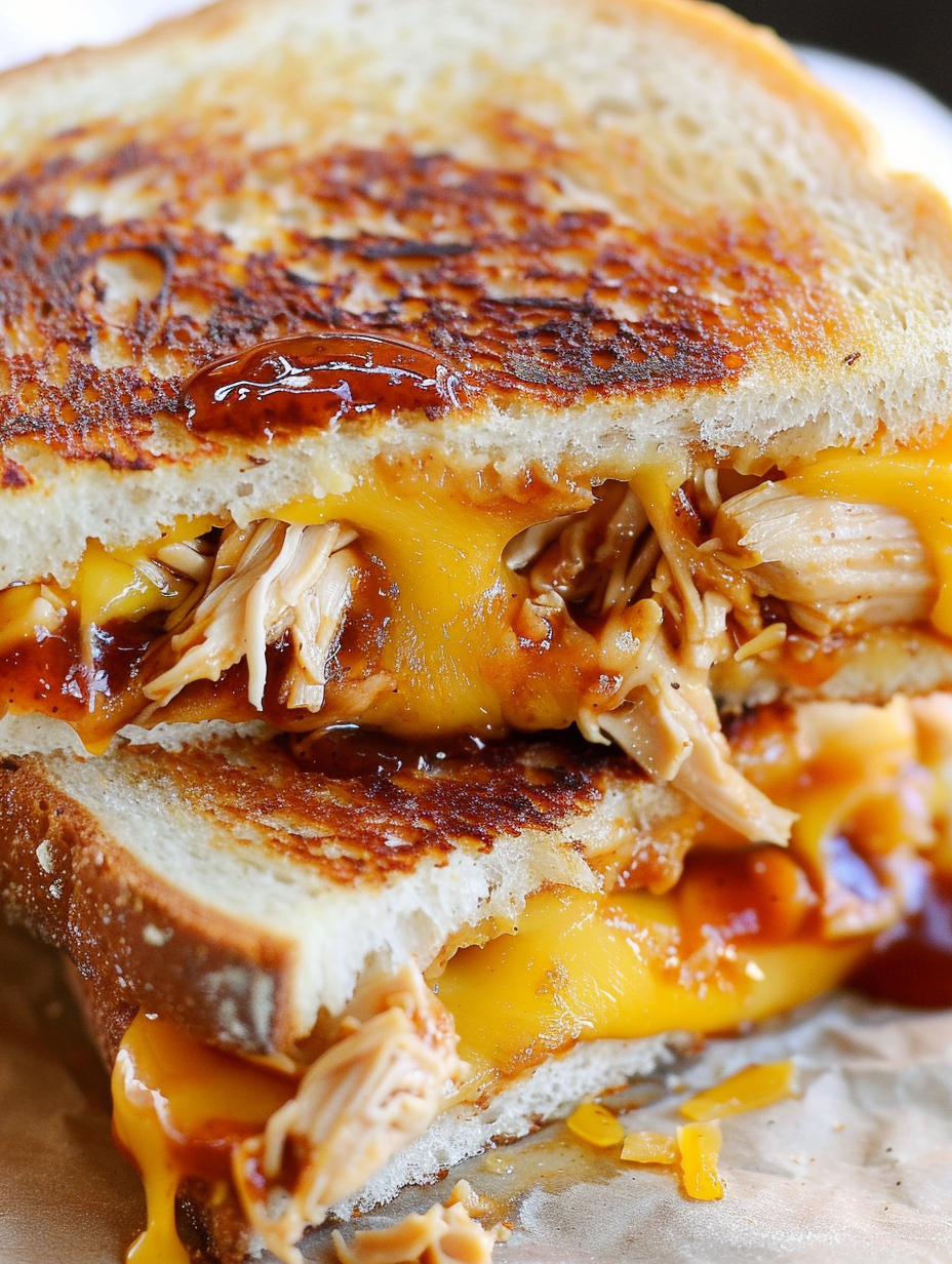 Griddle-cooked BBQ chicken grilled cheese with melted cheese oozing