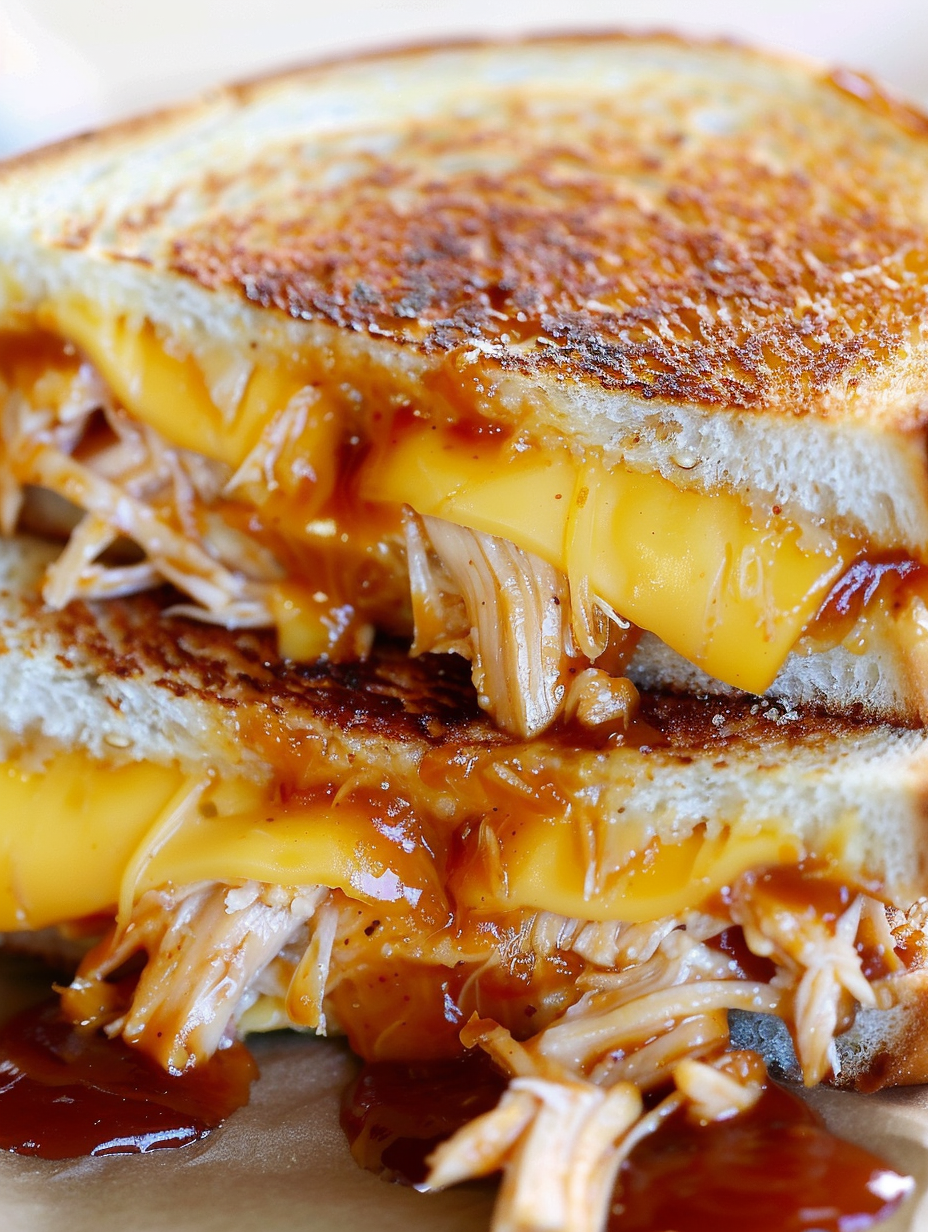 Stack of sliced BBQ chicken grilled cheese sandwiches on a cutting board