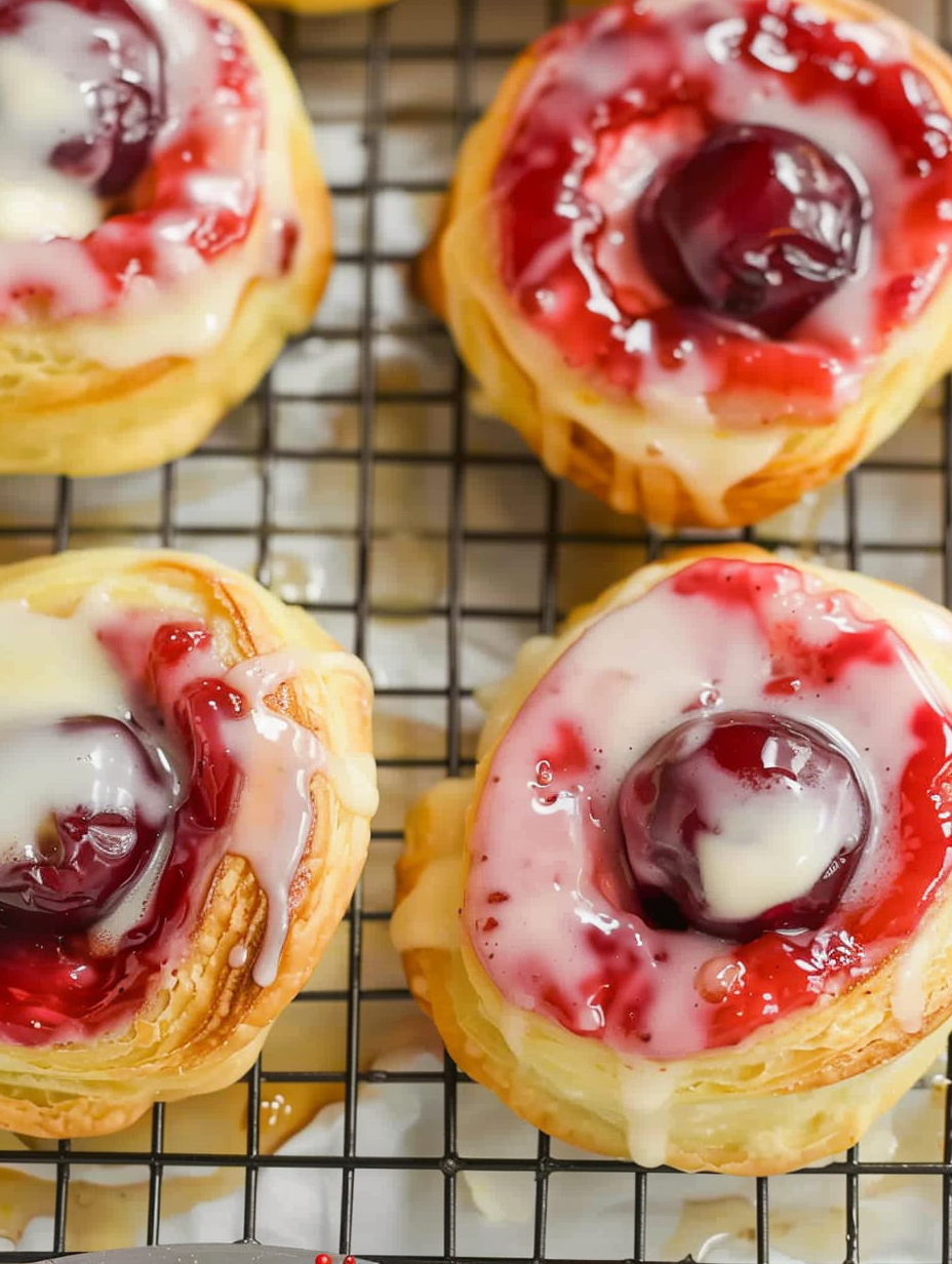 Freshly baked cherry Danish on parchment