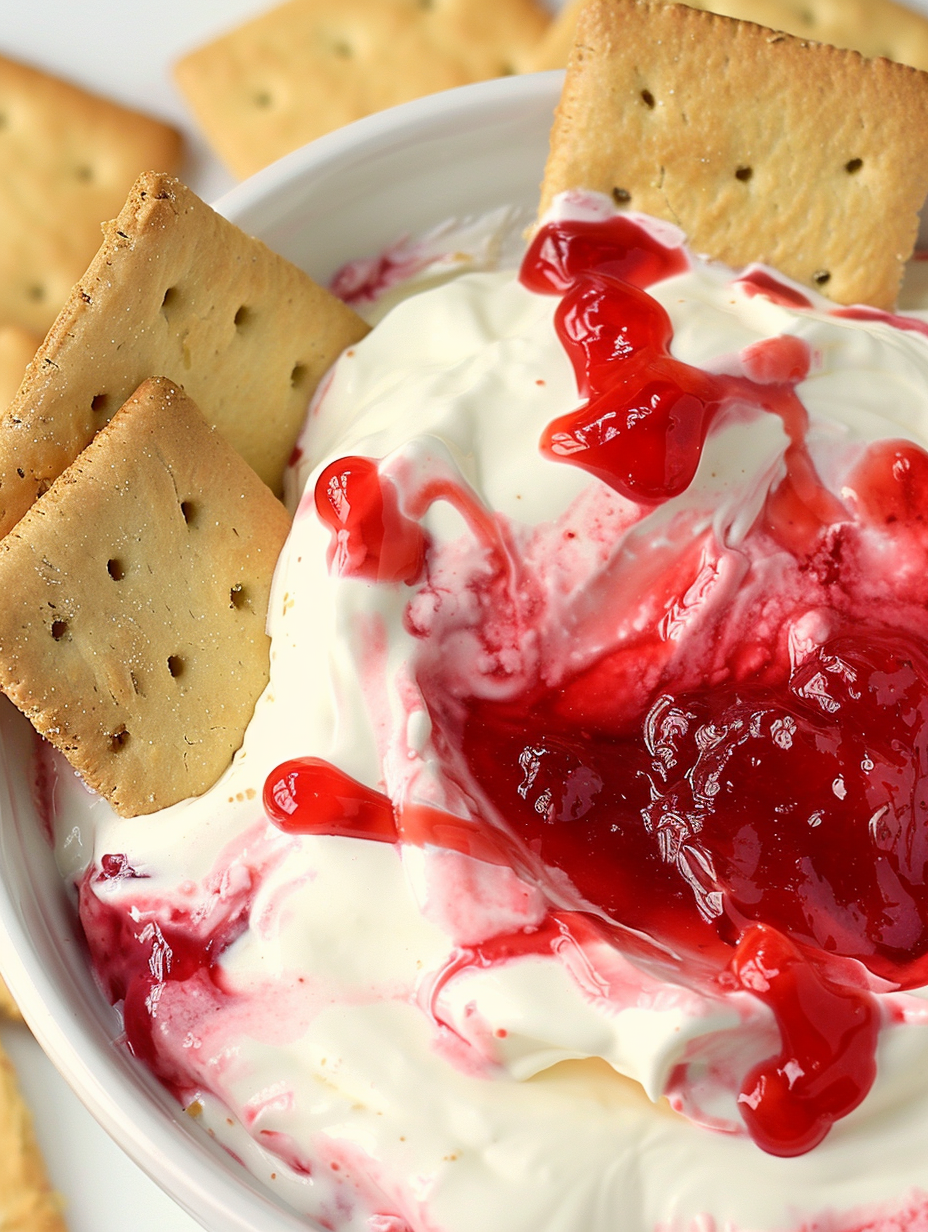 Creamy strawberry cheesecake dip in bowl with graham crackers