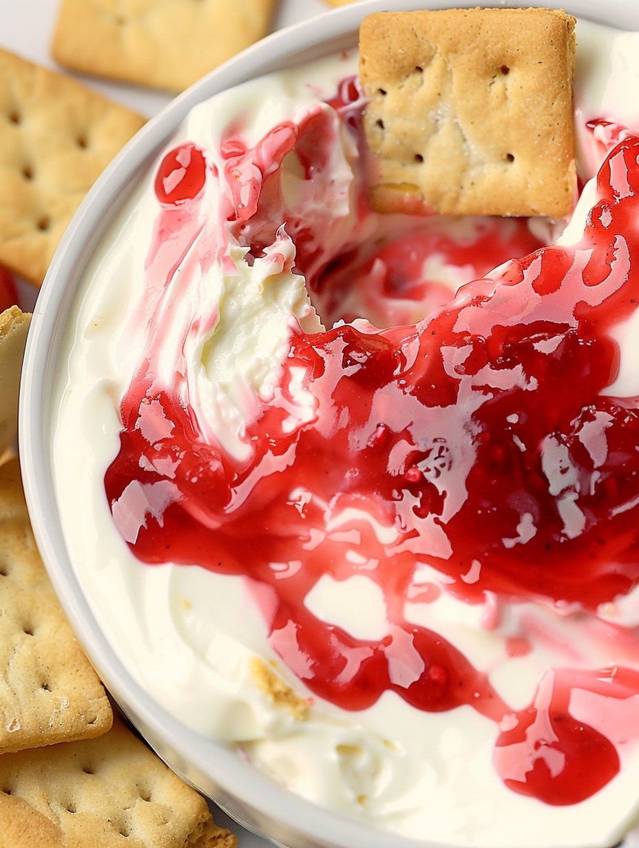 Spoon swirling strawberry jam into whipped cream cheese dip