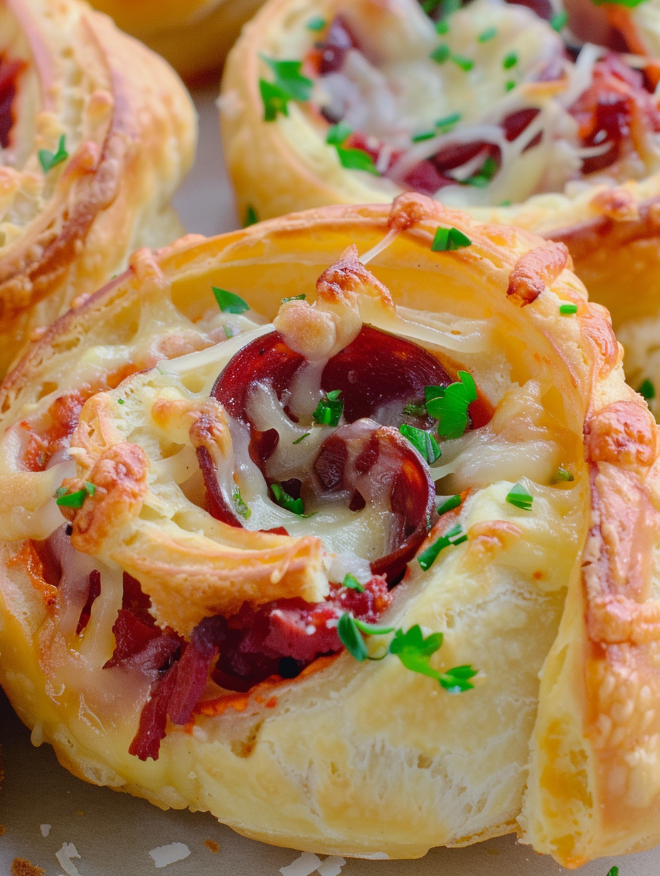 Freshly baked pizza pinwheels on a baking sheet
