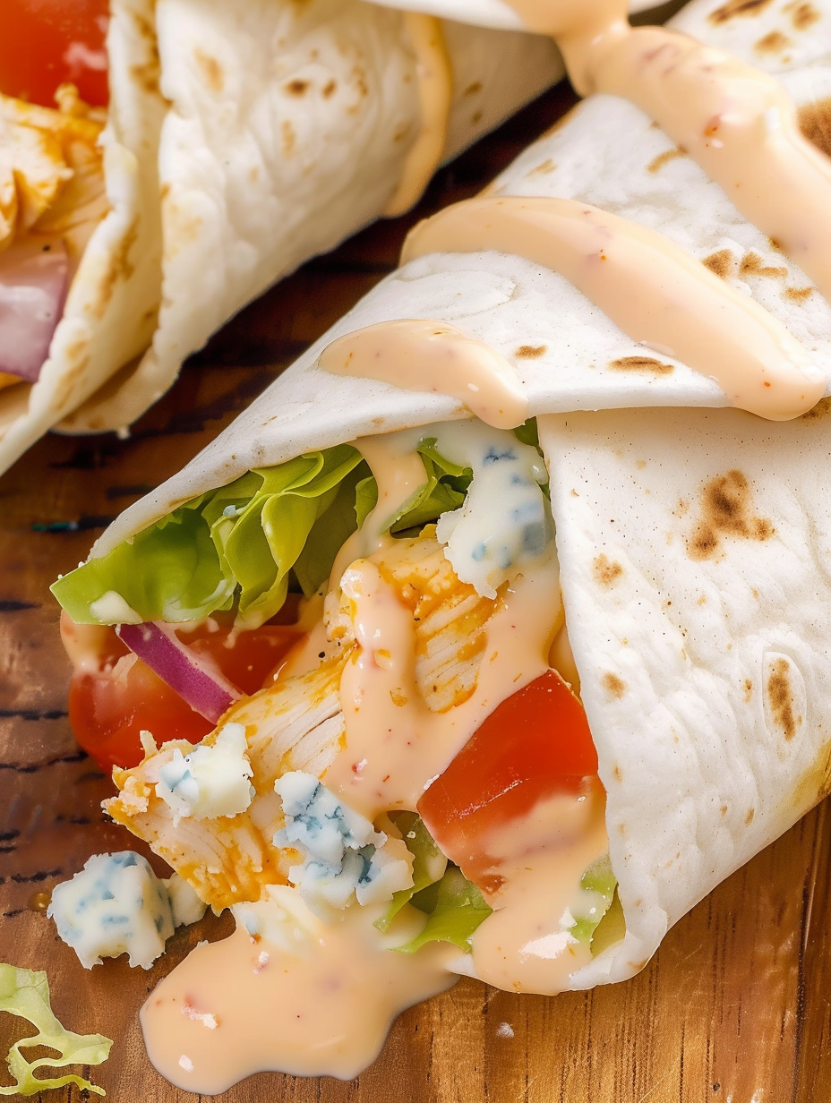 Finished buffalo chicken wraps on a board