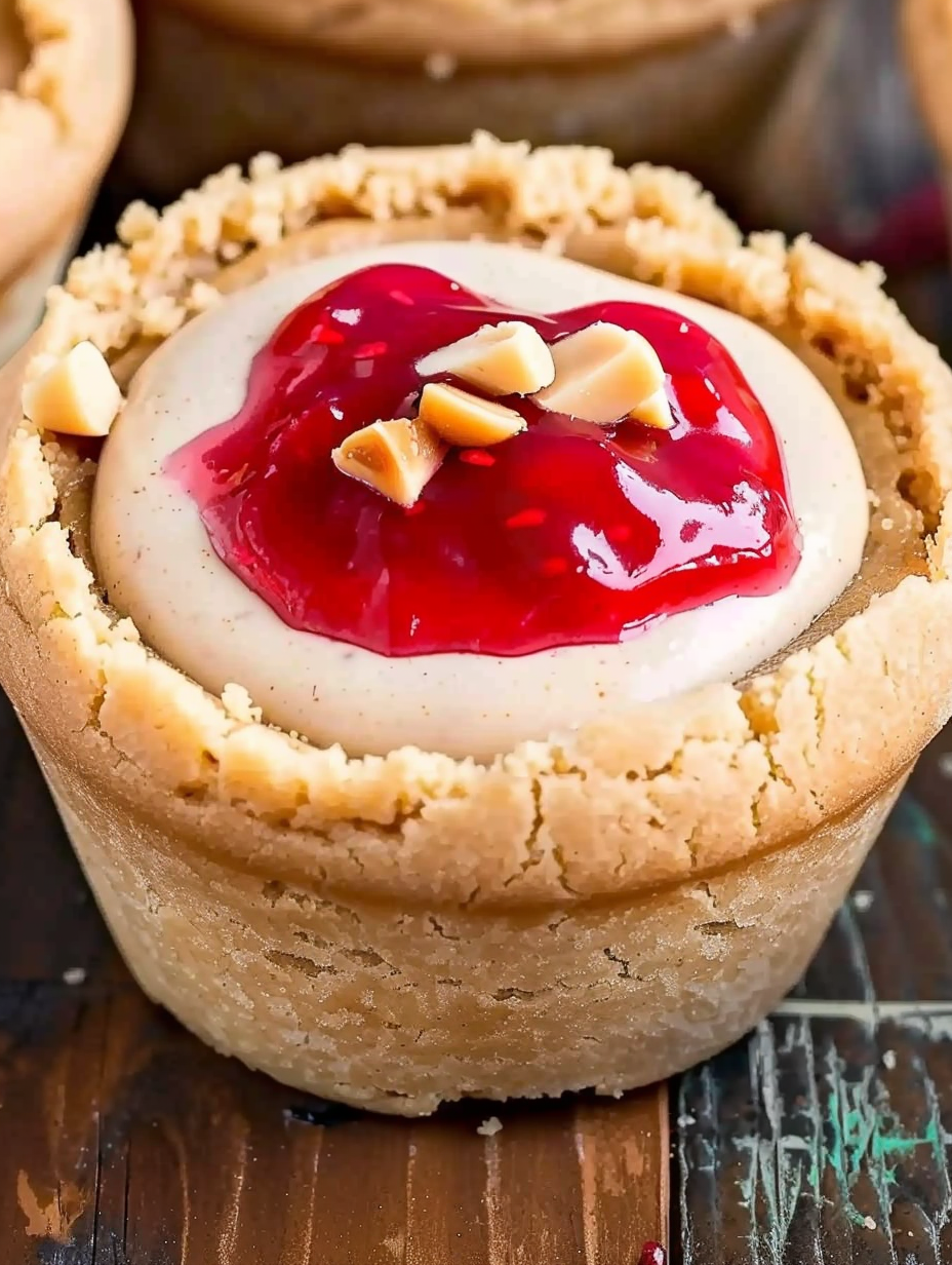 Peanut Butter Jelly Cookie Cups in muffin tin