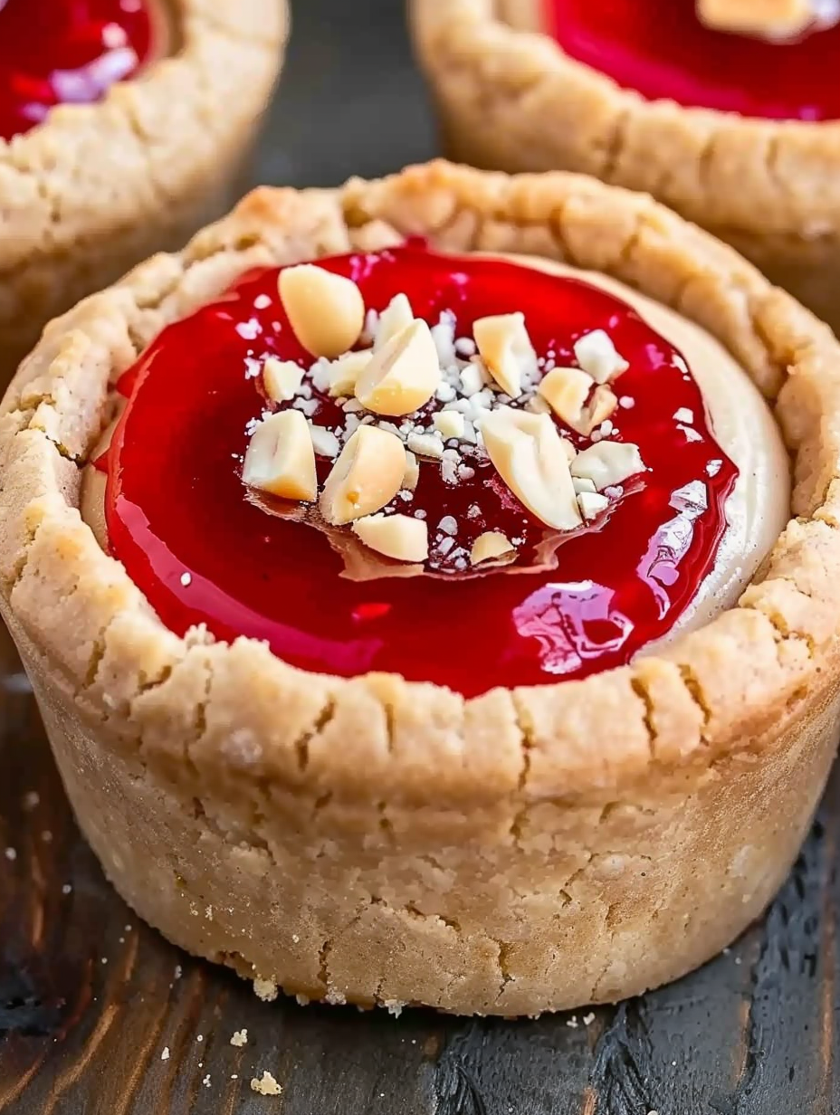 Close up of cookie cup topped with jam and peanuts