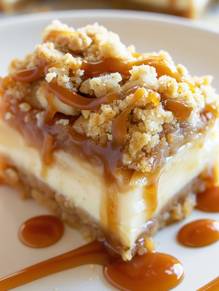 Sliced cheesecake bars with caramel drizzle