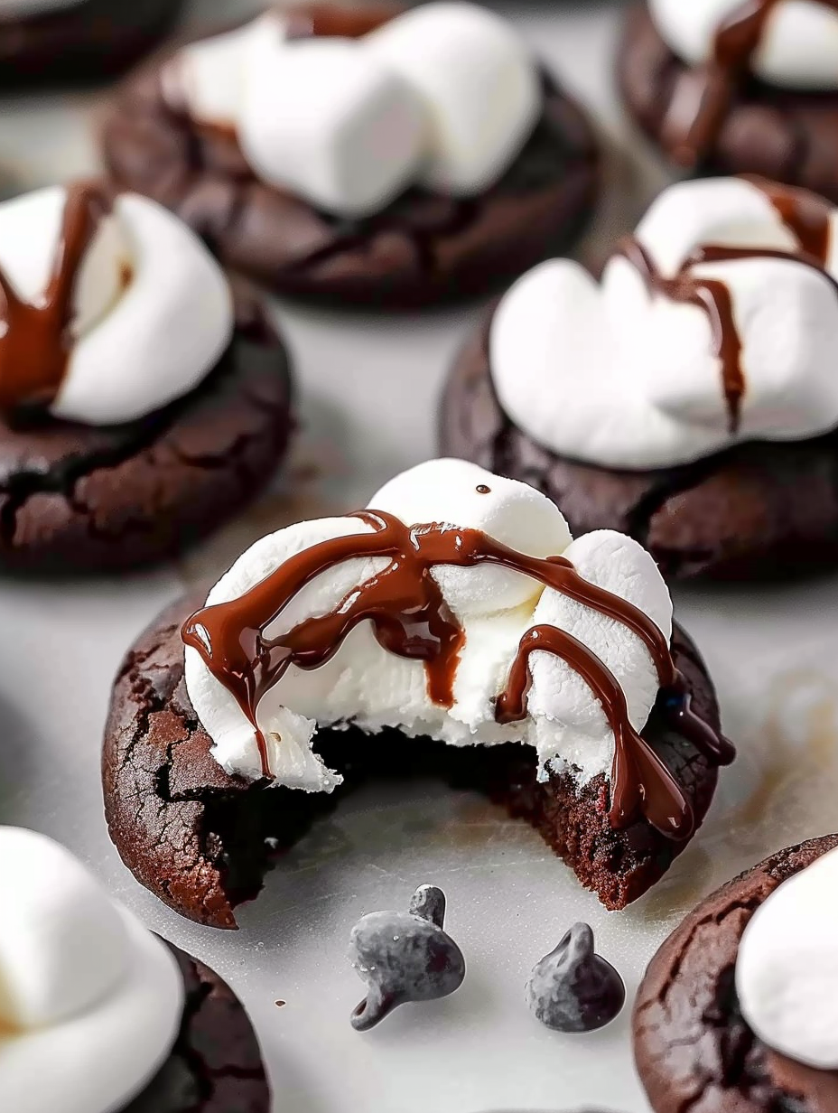 Close up of a cookie with melted marshmallows and chips