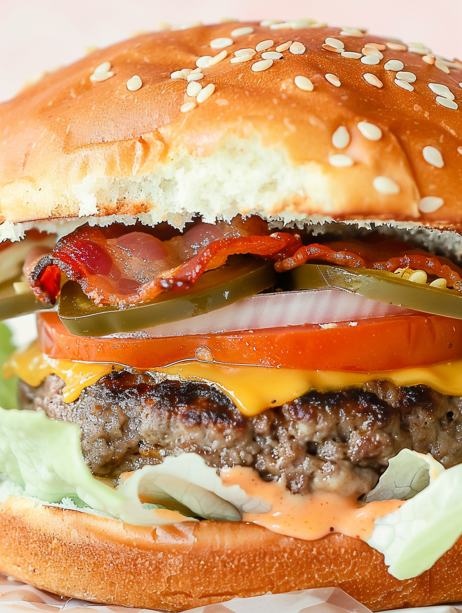 Jalapeño cheddar stuffed cheeseburger with bacon on toasted bun