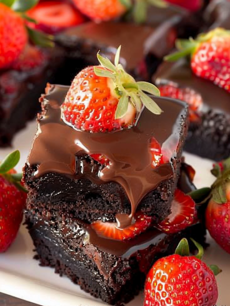 Close up glossy chocolate ganache poured over strawberries