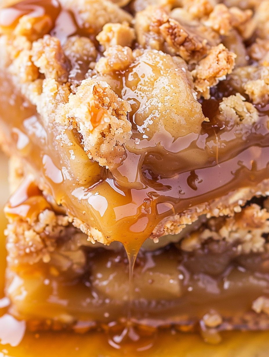 Top view of caramel apple bars with streusel and caramel drizzle