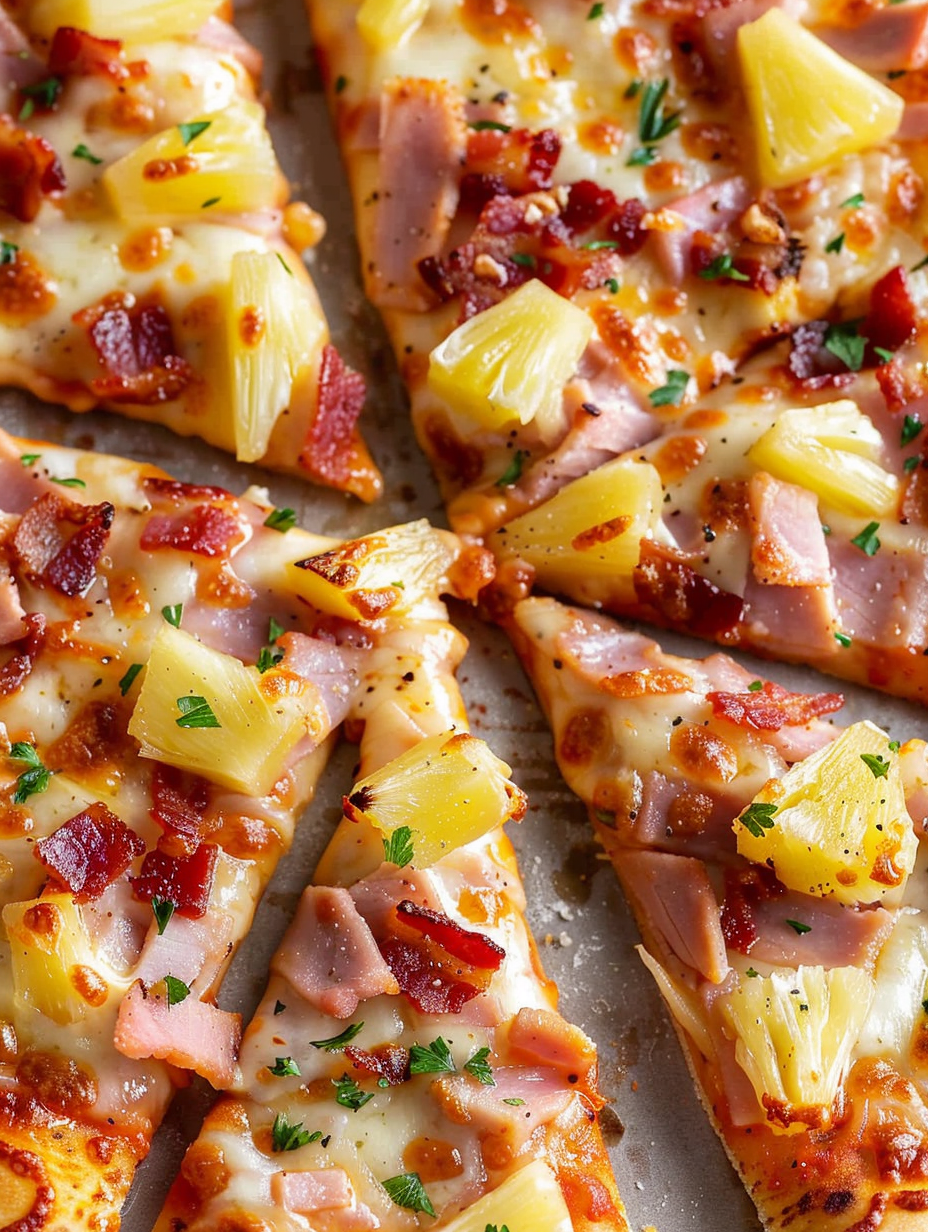 Hawaiian pizza on a wooden board with extra pineapple and parsley