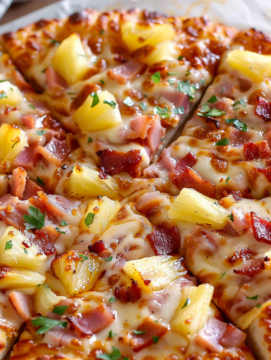 Slice of Hawaiian pizza with pineapple and bacon close up