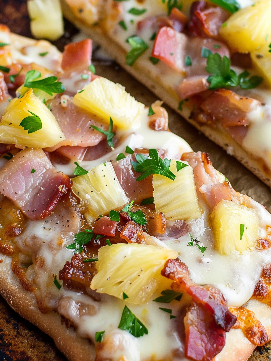 BBQ Hawaiian flatbread pizza on baking sheet