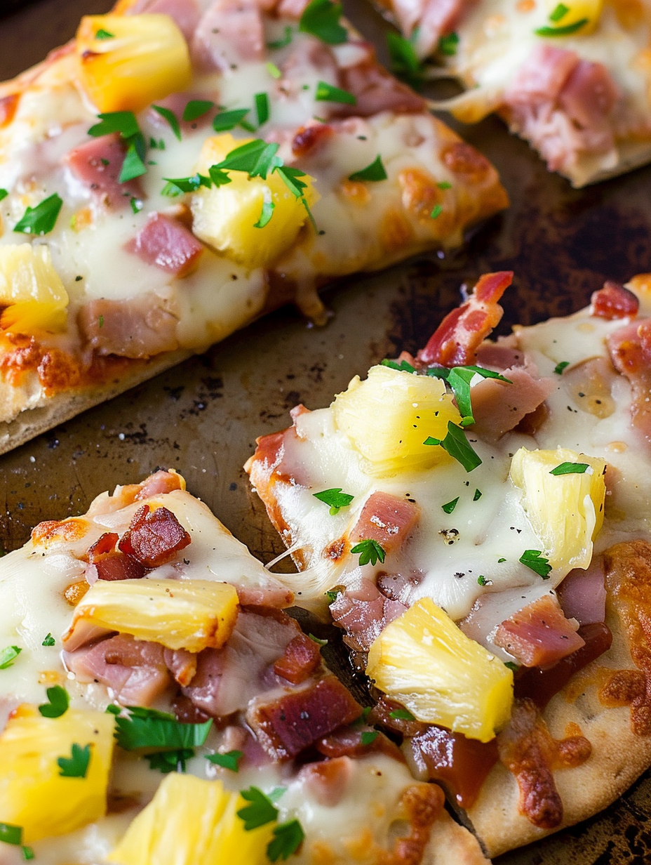 Close-up of cheesy Hawaiian flatbread slice