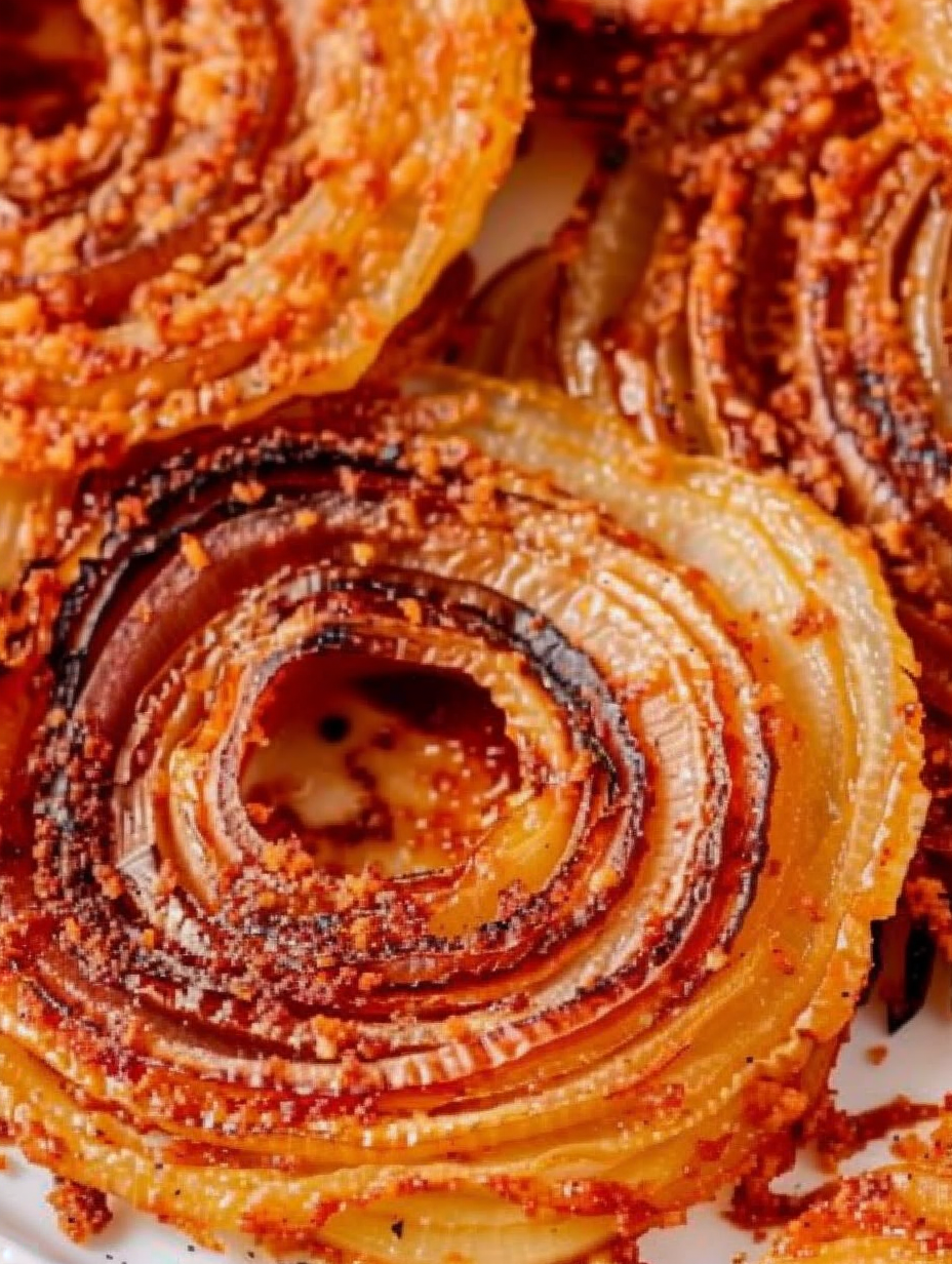Grated parmesan and onion ring chips on a baking sheet