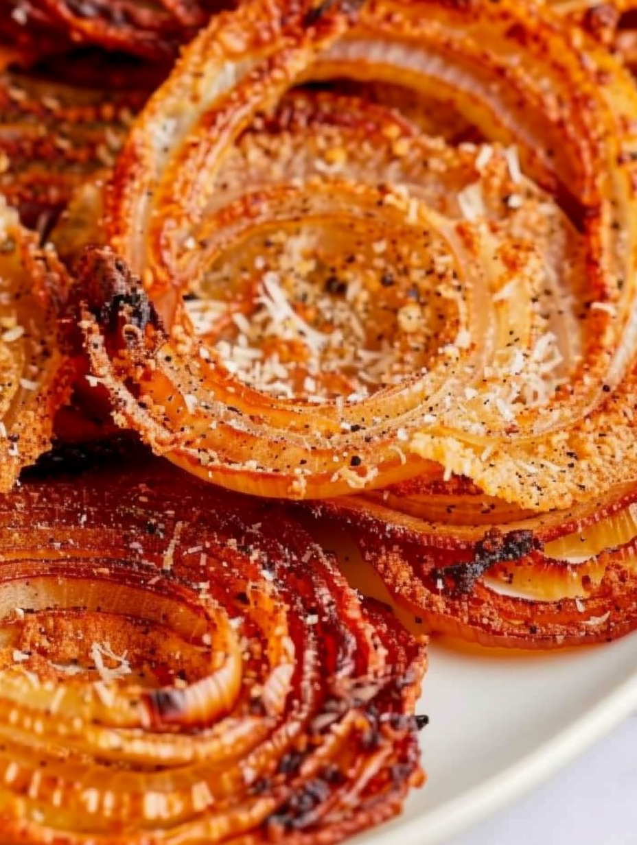 Finished onion ring chips arranged on a plate with dipping sauce