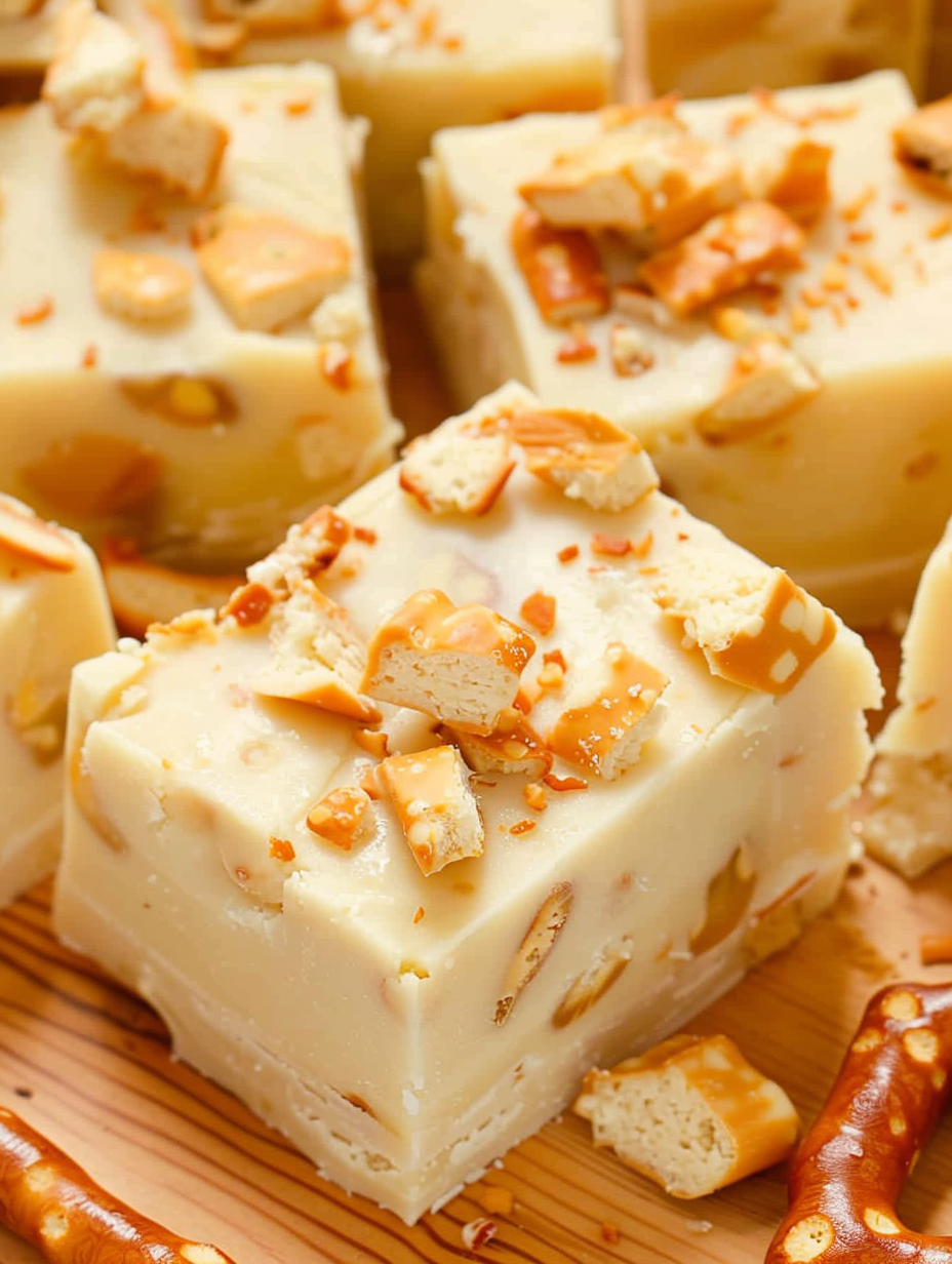 White chocolate caramel fudge in pan with pretzel topping