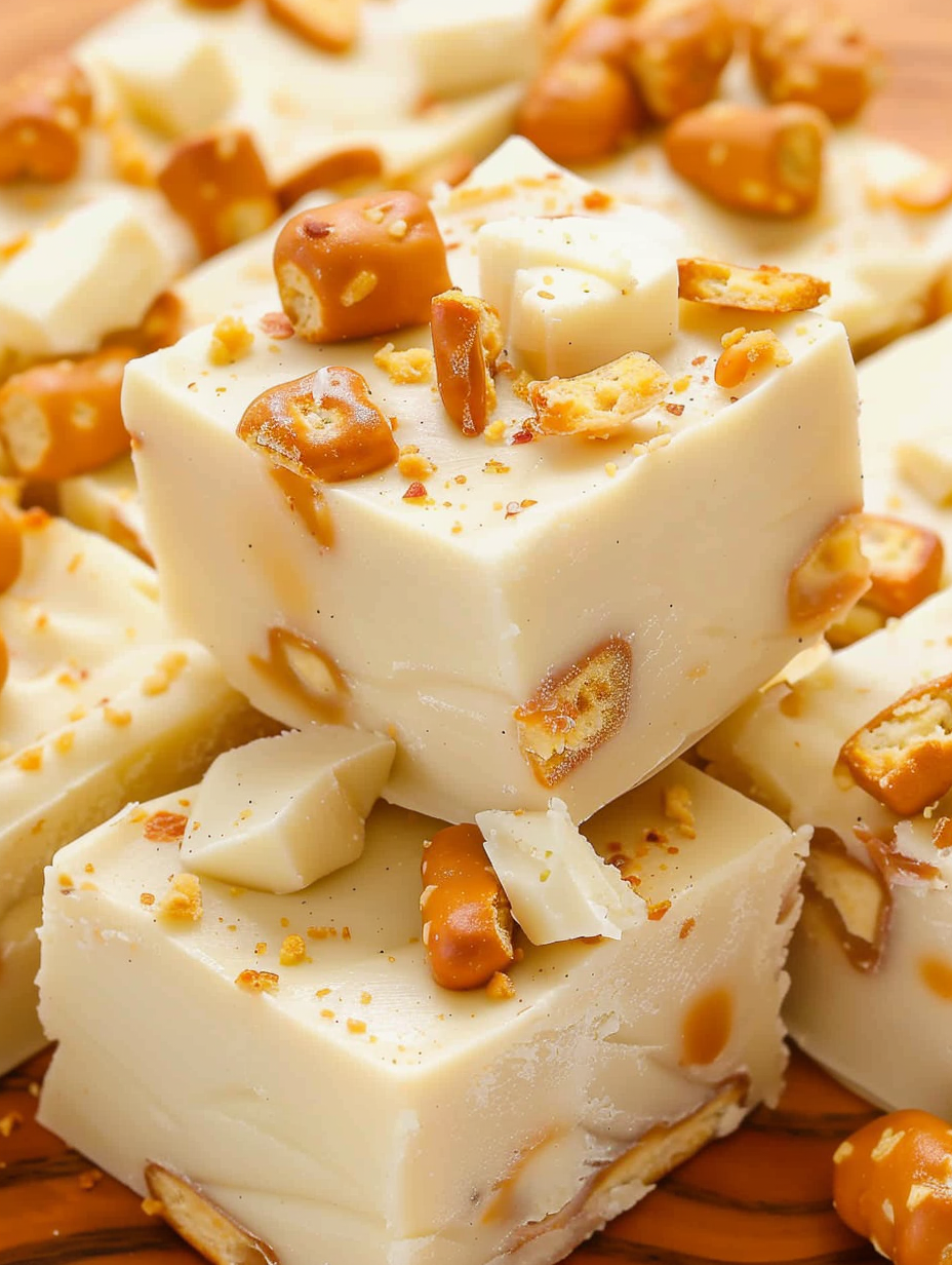 Close up of white chocolate fudge with caramel bits and pretzels
